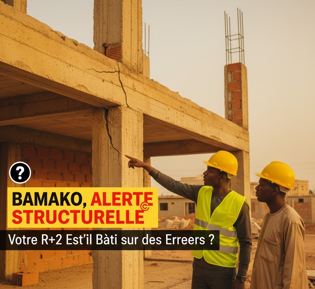 Deux ingénieurs civils casqués inspectent une fissure grave sur une poutre de béton d'un chantier R+2 à Bamako, illustrant le risque d'erreur structurelle sans expertise.