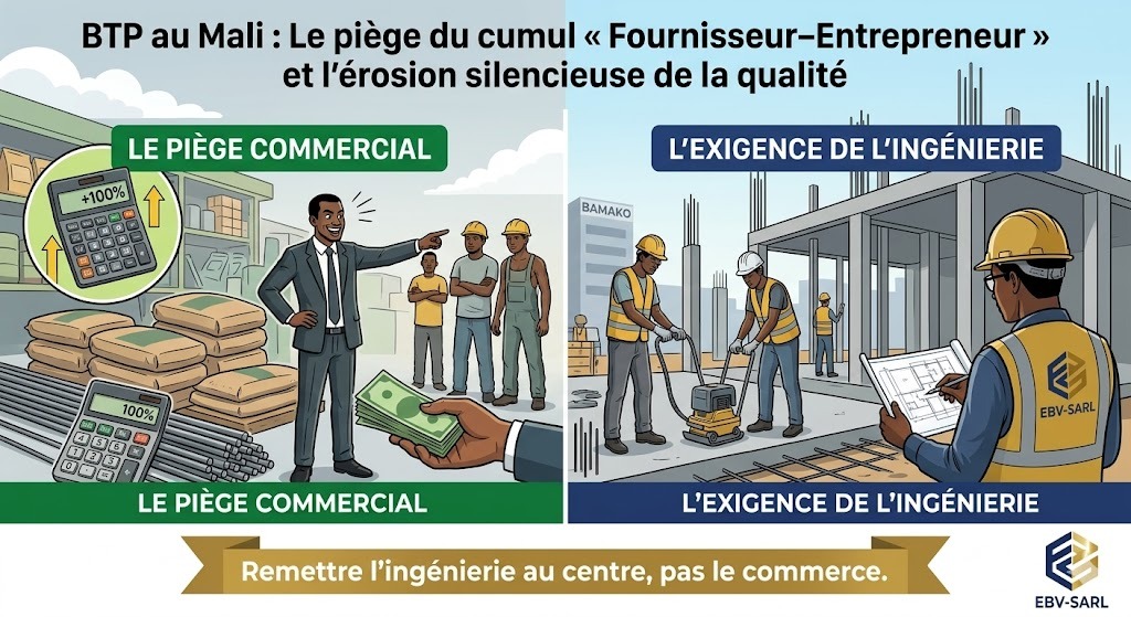 Infographie EBV-SARL dénonçant le conflit d'intérêts au Mali où l'entreprise BTP est aussi le fournisseur de matériaux, sacrifiant la qualité technique.