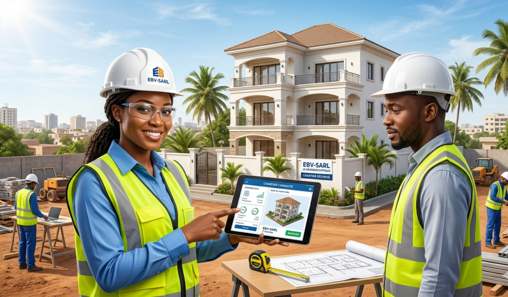 Deux ingénieurs maliens de EBV-SARL en EPI, homme et femme, présentent une tablette affichant l'application 'Chantier Connecté' devant une maison moderne à Bamako. La femme sourit en pointant l'écran, l'homme regarde attentivement. En arrière-plan, un chantier actif et une plaque d'EBV-SARL.
